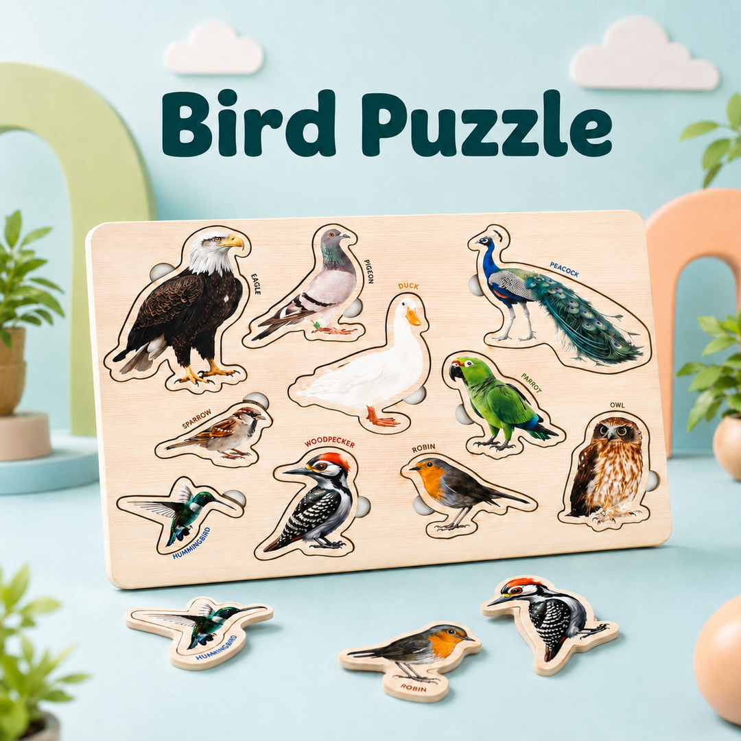 A wooden bird puzzle board with illustrated bird pieces and several loose bird cutouts placed in front, set on a light blue surface with decorative plants and pastel props around it. Large text at the top reads 'Bird Puzzle'.