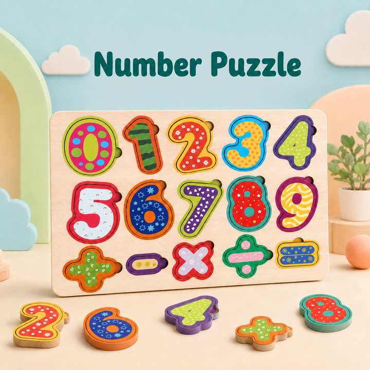 A colorful wooden number puzzle board with numbered pieces and arithmetic symbols, shown on a soft pastel background with the words 'Number Puzzle' above it.