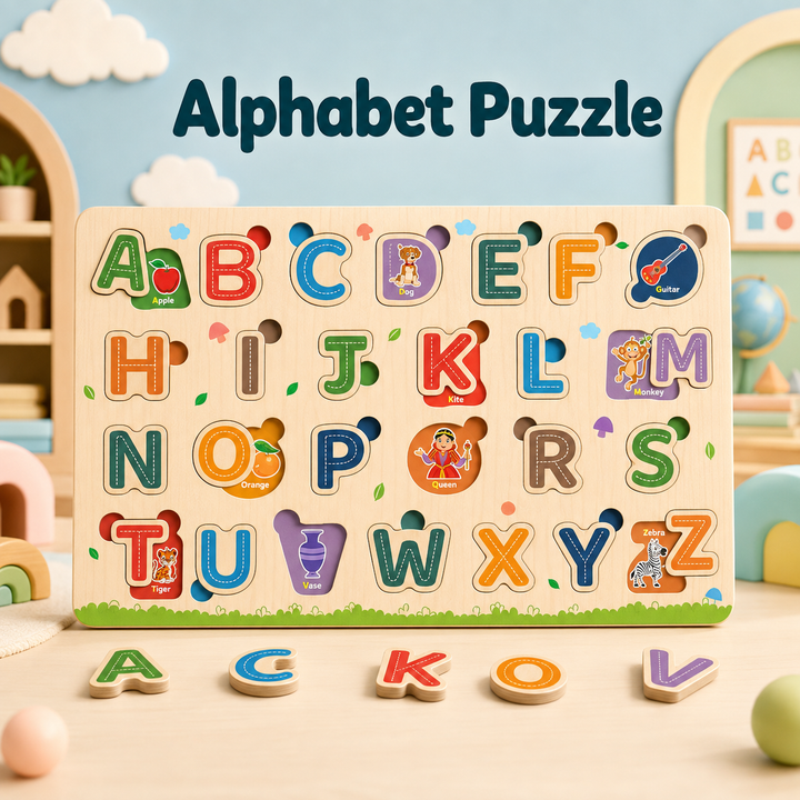 A colorful alphabet wooden puzzle board with movable letter pieces arranged in front on a light wood surface. The board shows uppercase letters A through Z with small illustrated cutouts, and several letters are pulled out below.