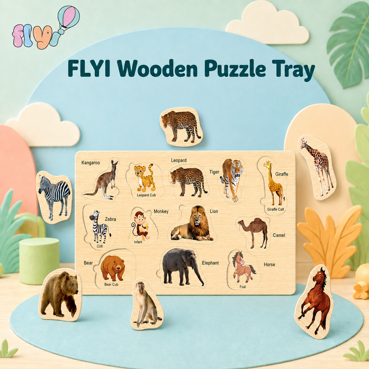 A children's wooden puzzle tray set with animal cutout pieces displayed on a pastel styled background. The rectangular tray shows labeled animal illustrations including kangaroo, leopard, lion, giraffe, zebra, monkey, camel, bear, elephant, horse, and rhino.