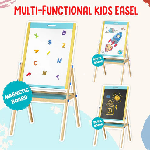 Multi-functional kids easel with whiteboard, magnetic board, and blackboard on a light blue background.