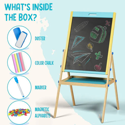 Children's drawing board with chalk and accessories on a light blue background