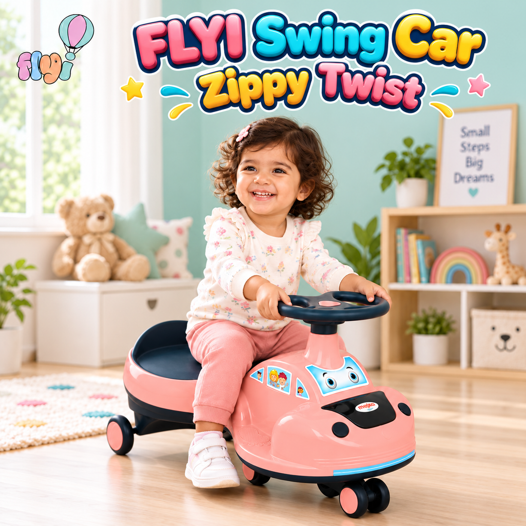A young child wearing a white long-sleeve top and pink pants rides a pink and black toy car in a bright, decorated children's room. The toy car has a smiling face on the front and the words 'FLYI Swing Car Zippy Twist' displayed at the top of the image.