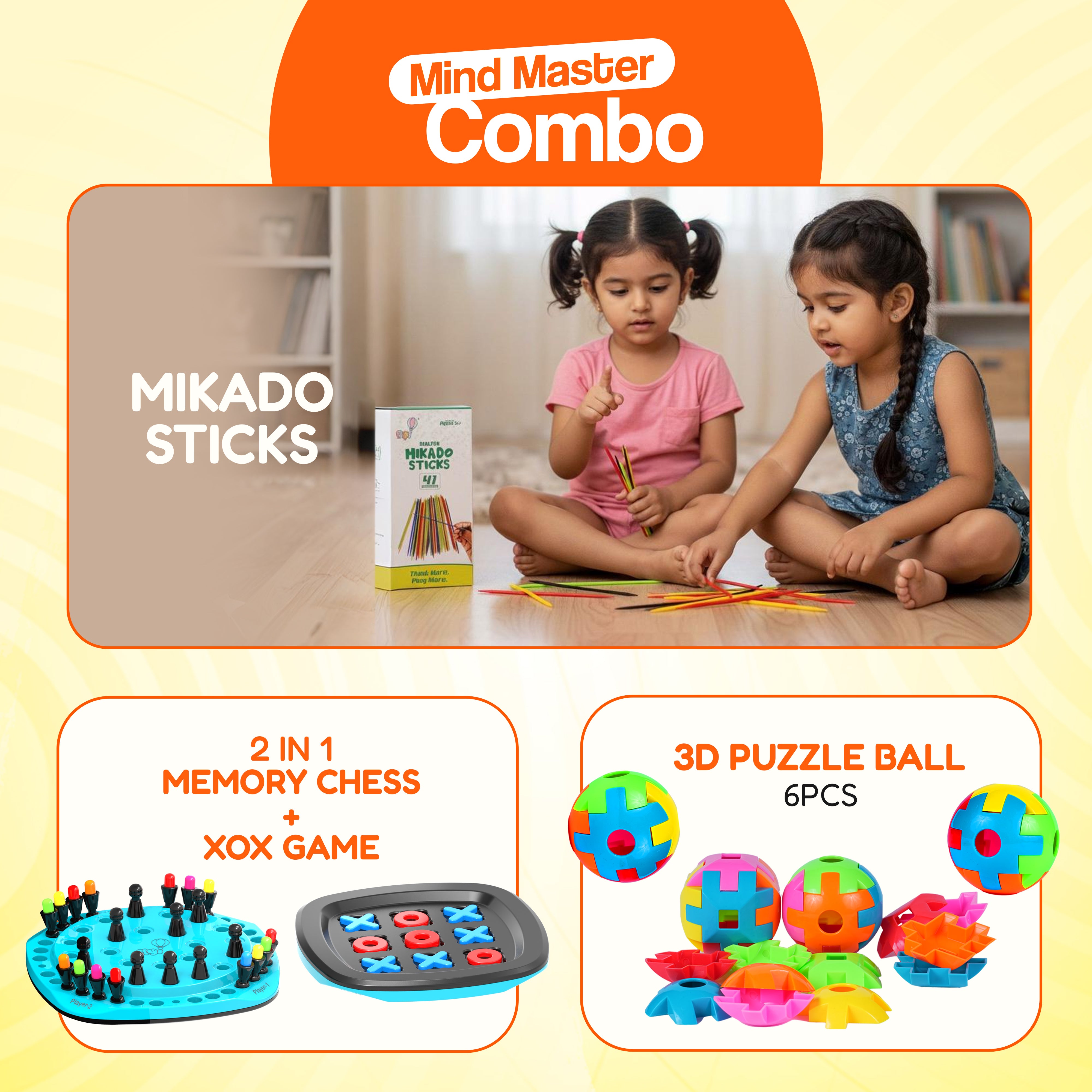 FLYI Memory Chess 2-in-1, Mikado Stick & Puzzle Balls (6pcs) Combo