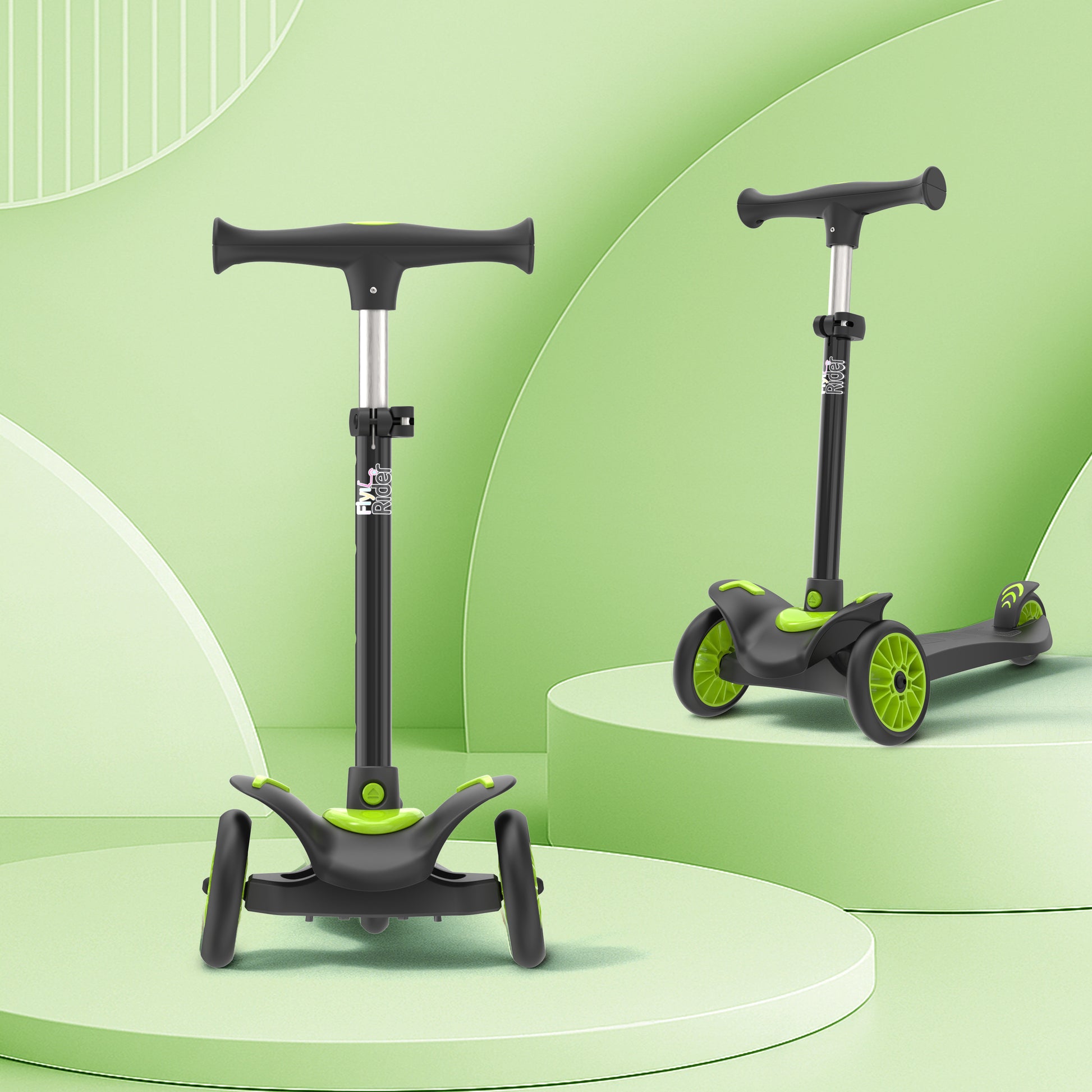 FLYI Scooter for Kids (Black-Green) - Multi-Level Height Adjustment, Wide Brakes, Lightweight.