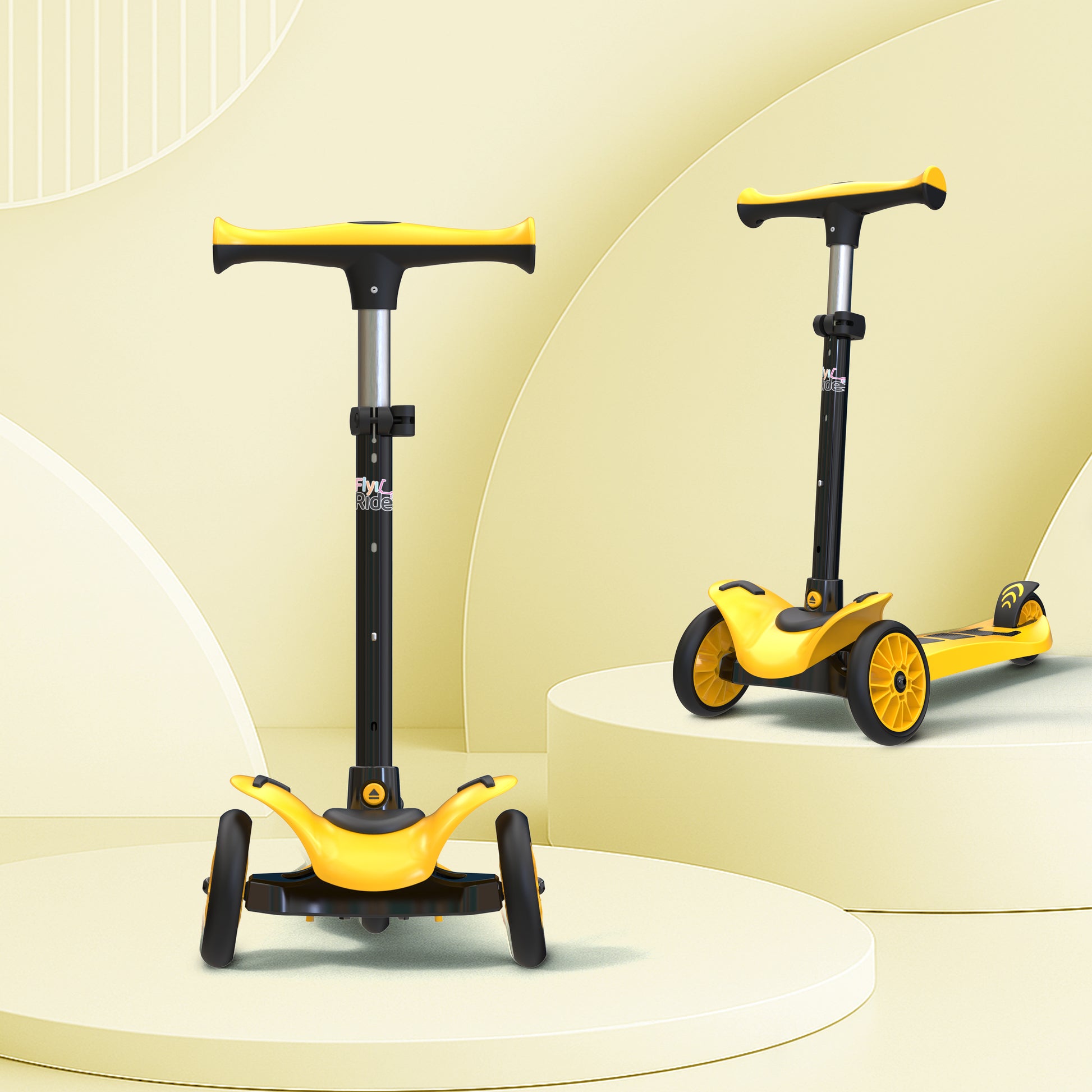FLYI Three Wheel Kick Scooter for Kids - 4-Level Height Adjustment, Wide Brakes, Lightweight.