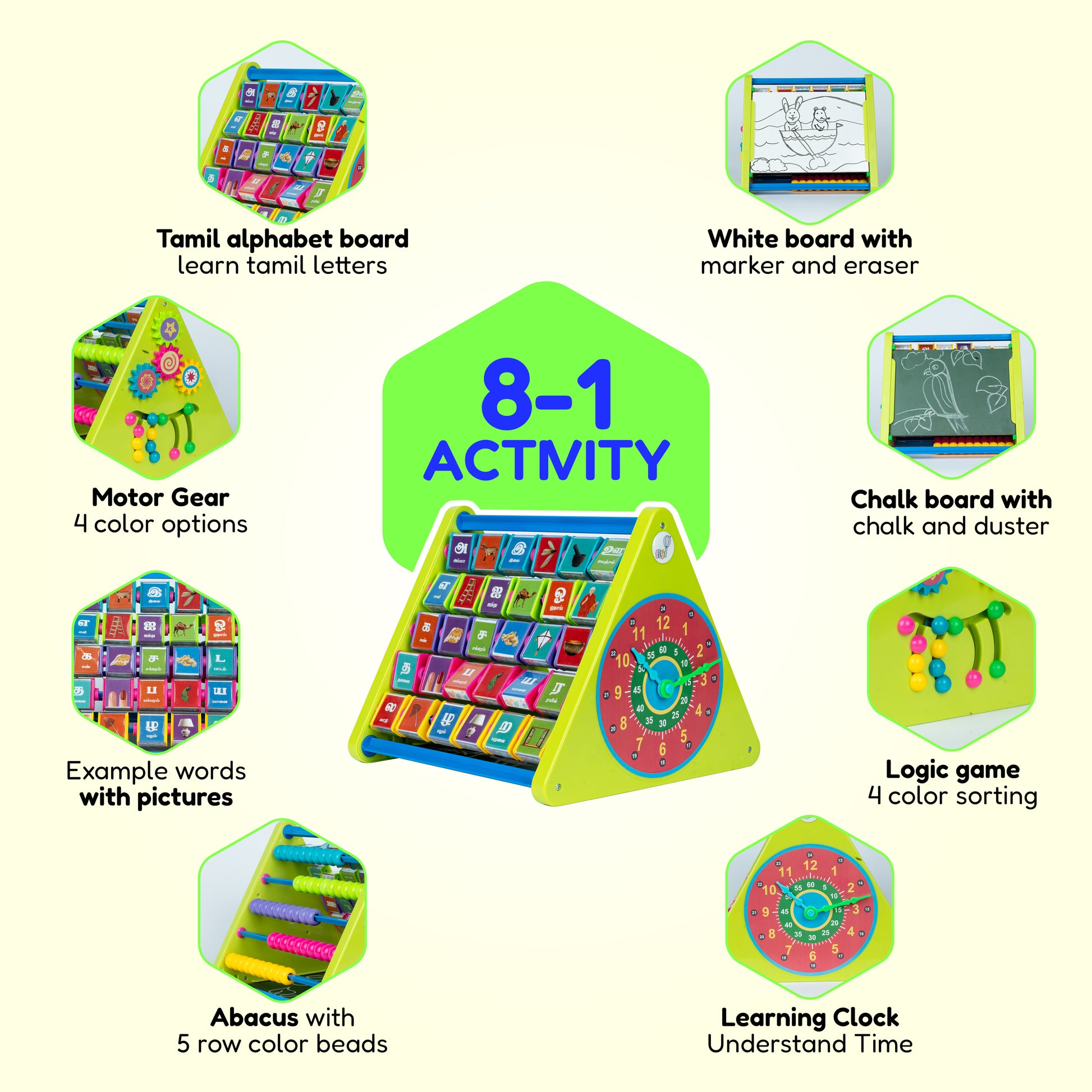 8-in-1 Activity Triangle | Learn English Alphabets, Tamil Letters, States and capitals of India, Abacus, Drawing Writing Board, Clock & Spin Gears – Best Educational Toys for Preschoolers