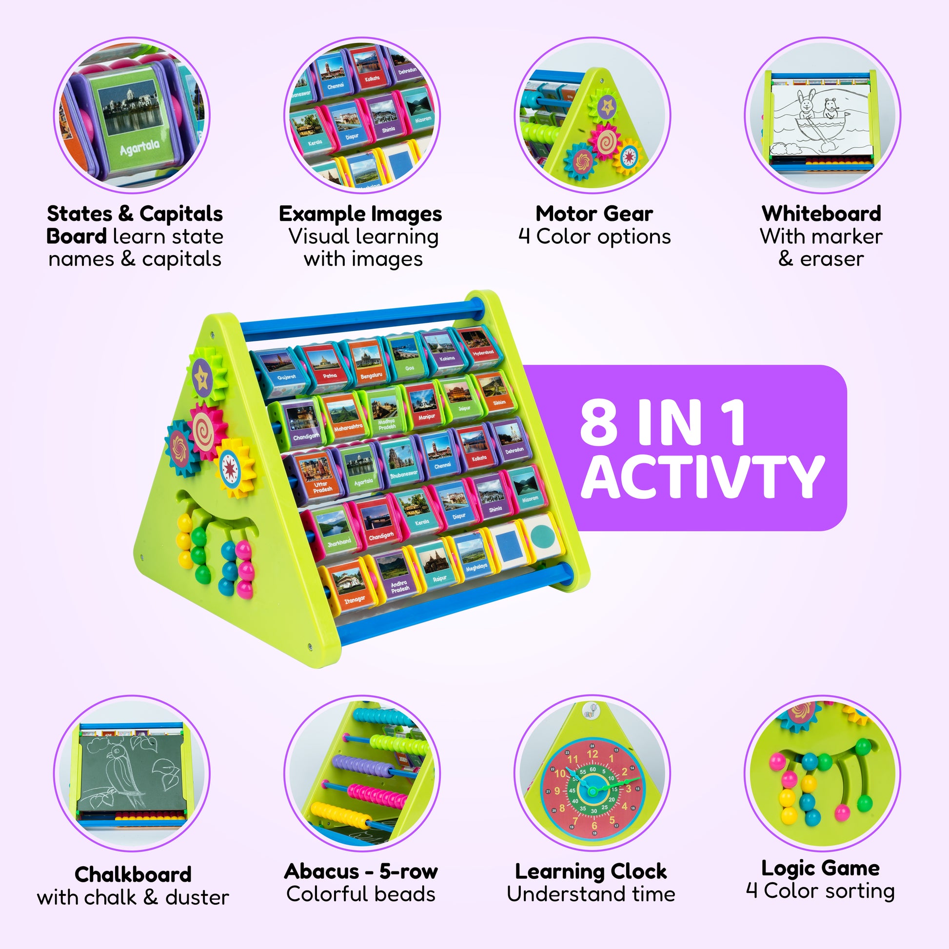 8-in-1 Activity Triangle | Learn English Alphabets, Tamil Letters, States and capitals of India, Abacus, Drawing Writing Board, Clock & Spin Gears – Best Educational Toys for Preschoolers
