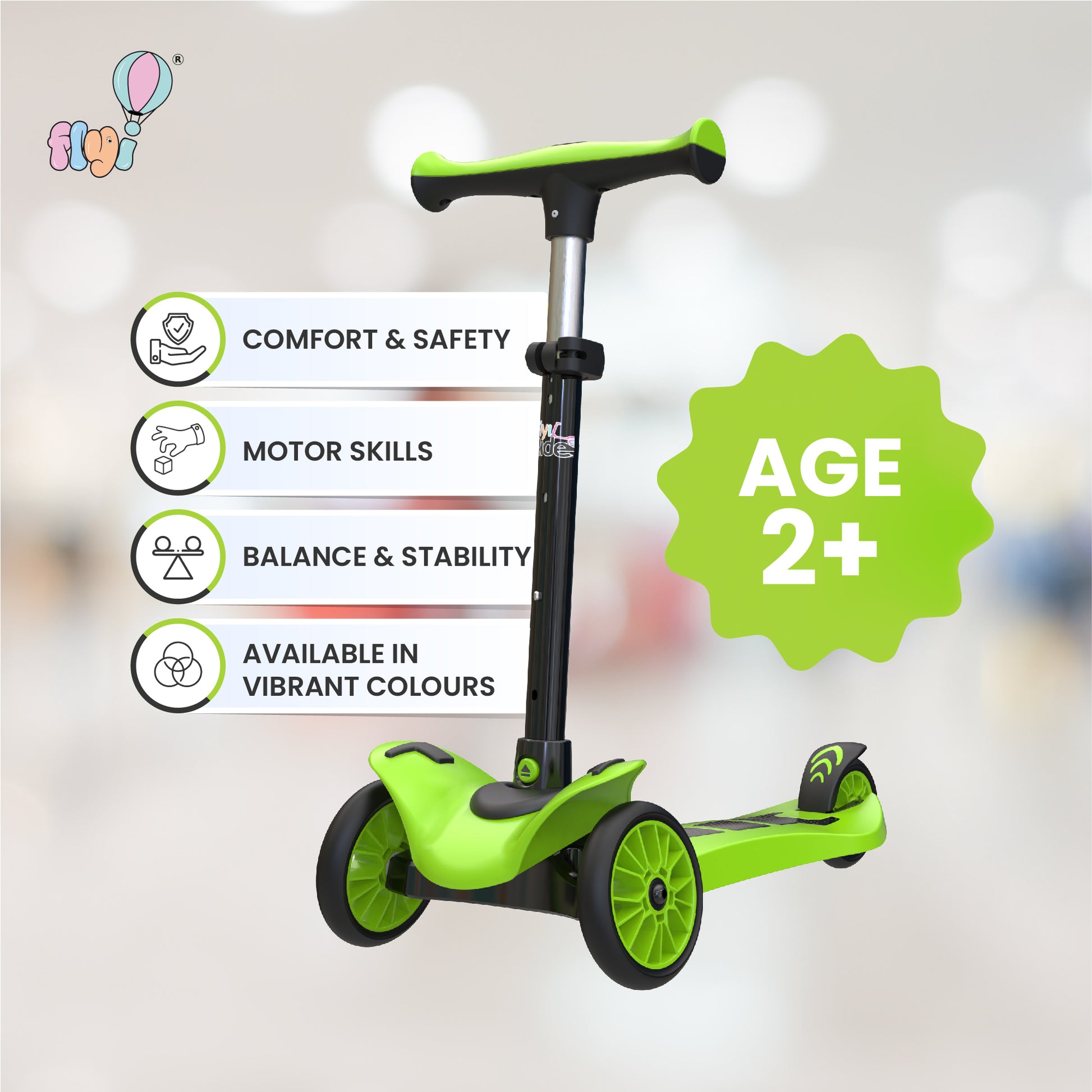 FLYI Kids Scooter (Green) - Multi-Level Height Adjustment, Wide Brakes, Lightweight.