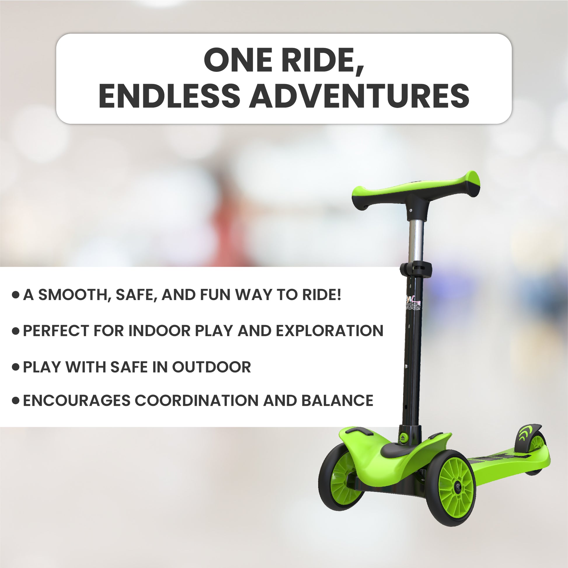 FLYI Kids Scooter (Green) - Multi-Level Height Adjustment, Wide Brakes, Lightweight.