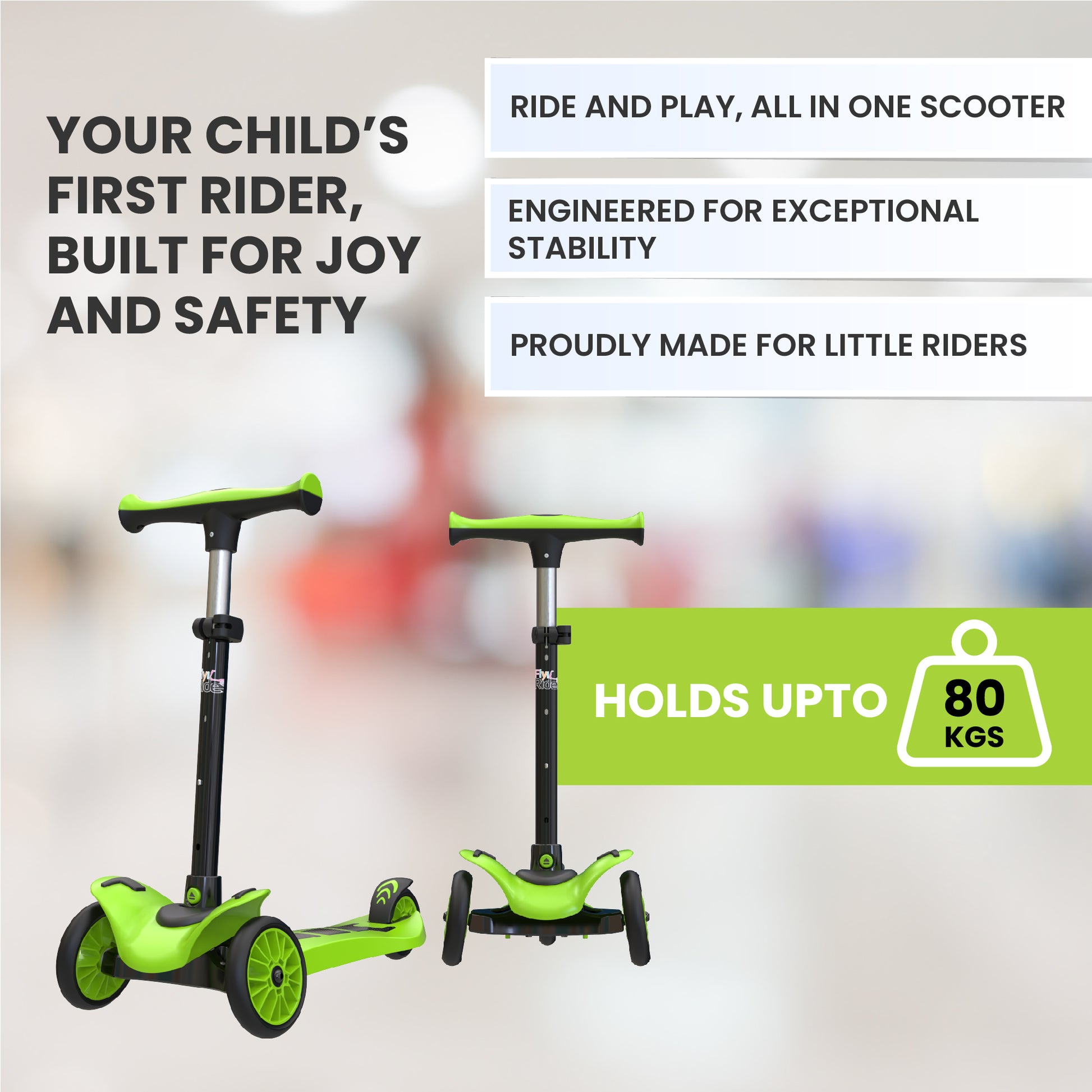 FLYI Kids Scooter (Green) - Multi-Level Height Adjustment, Wide Brakes, Lightweight.