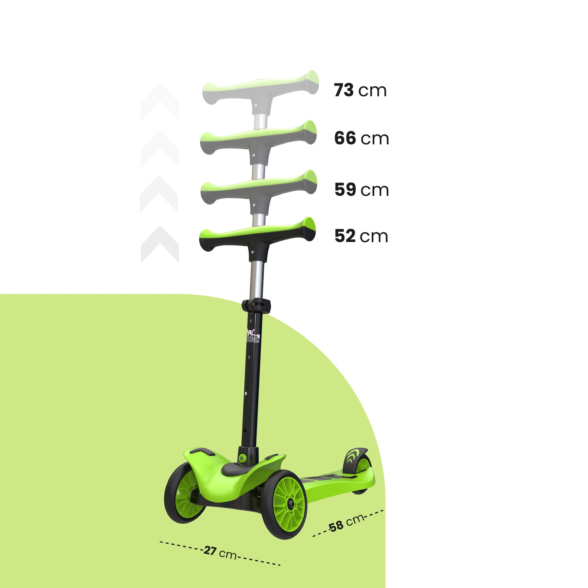 FLYI Kids Scooter (Green) - Multi-Level Height Adjustment, Wide Brakes, Lightweight.