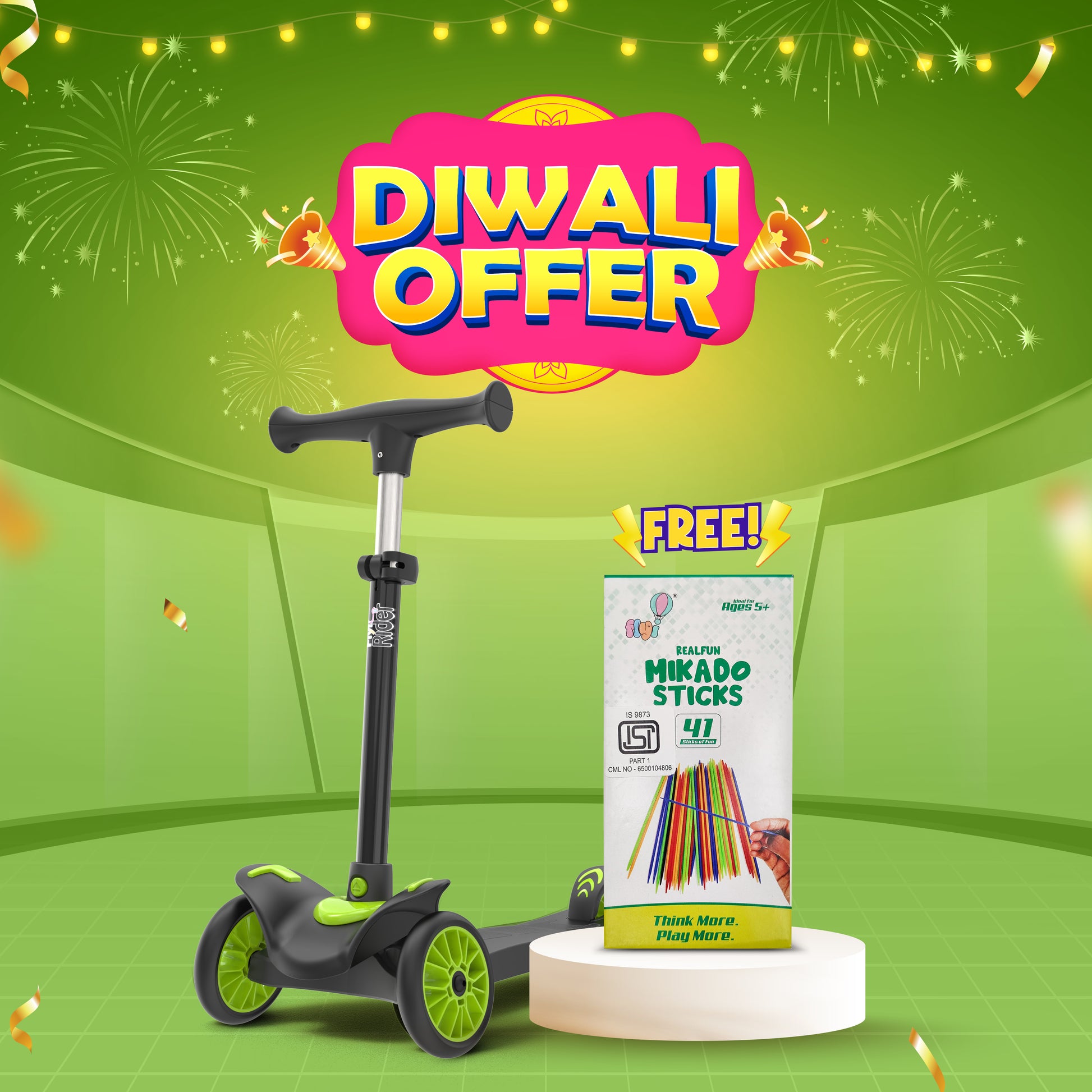 FLYI Three Wheel Kick Scooter for Kids - 4-Level Height Adjustment, Wide Brakes, Lightweight.