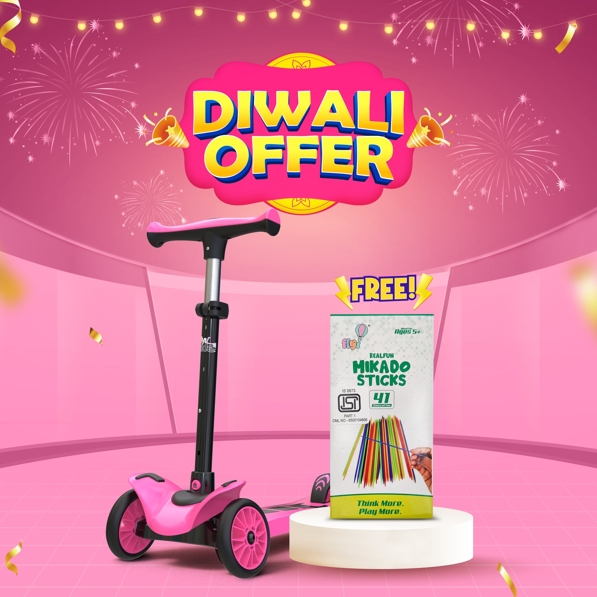 FLYI Pink Scooter for Kids (Pink) - 4 Level Height Adjustment, Wide Brakes, Lightweight.