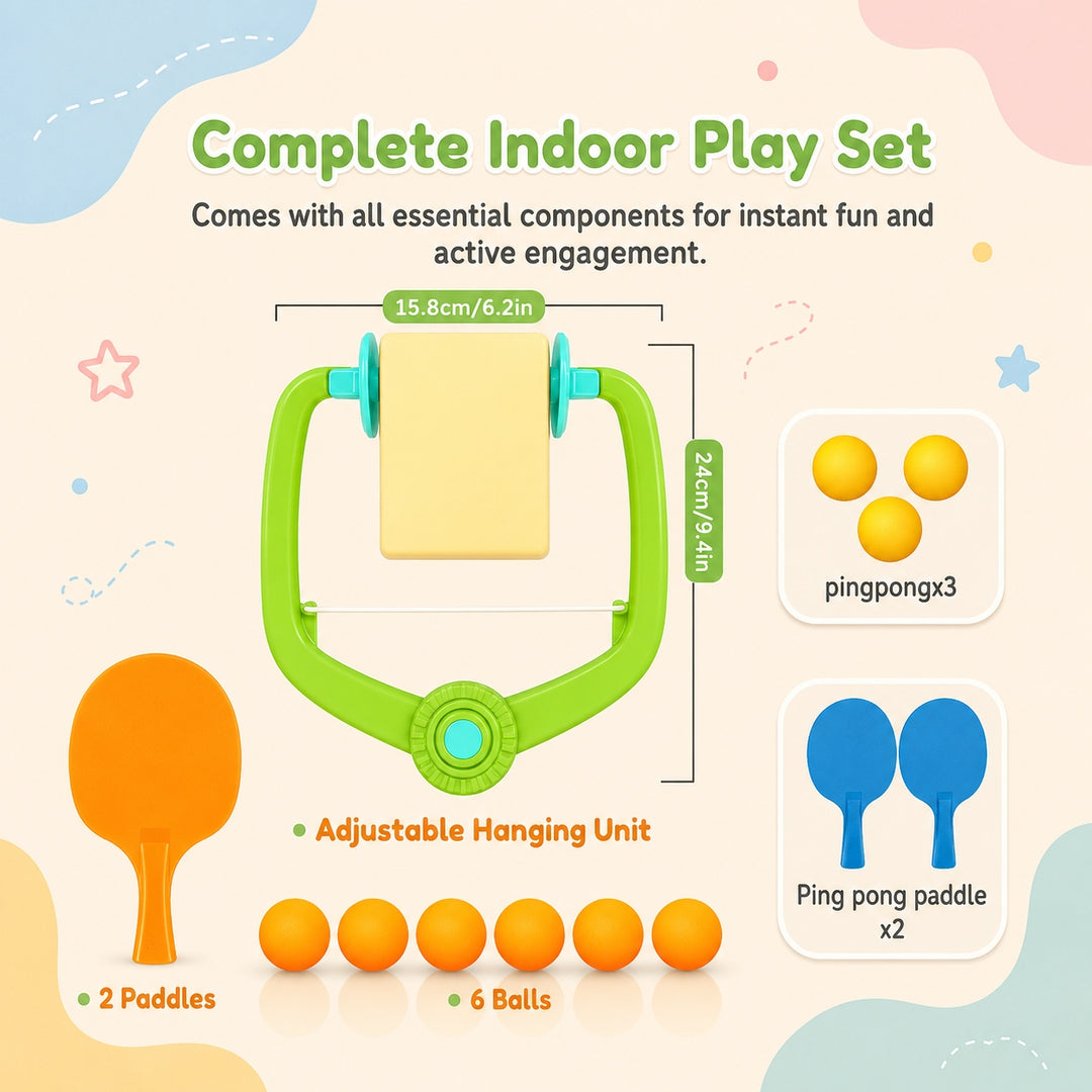 Kids using FLYI hanging tennis trainer set for kids for creative play.
