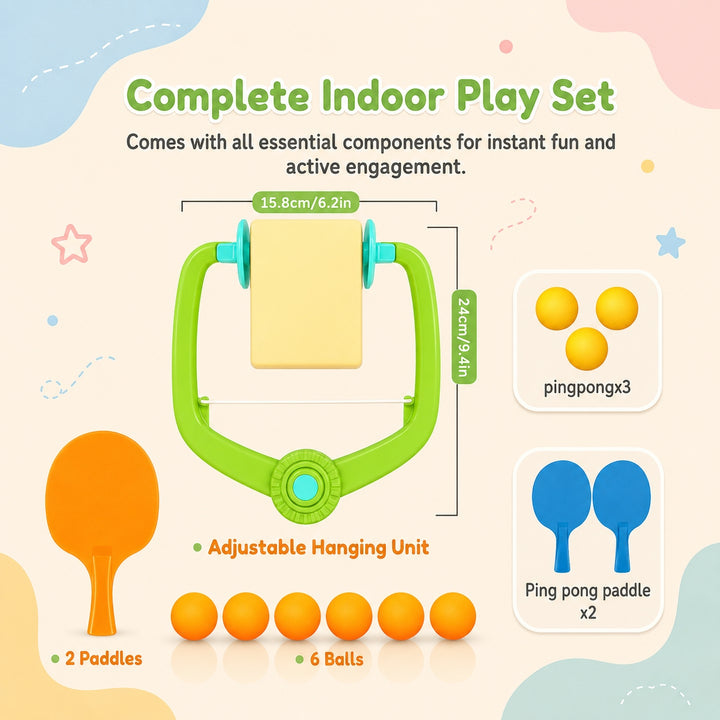 Kids using FLYI hanging tennis trainer set for kids for creative play.
