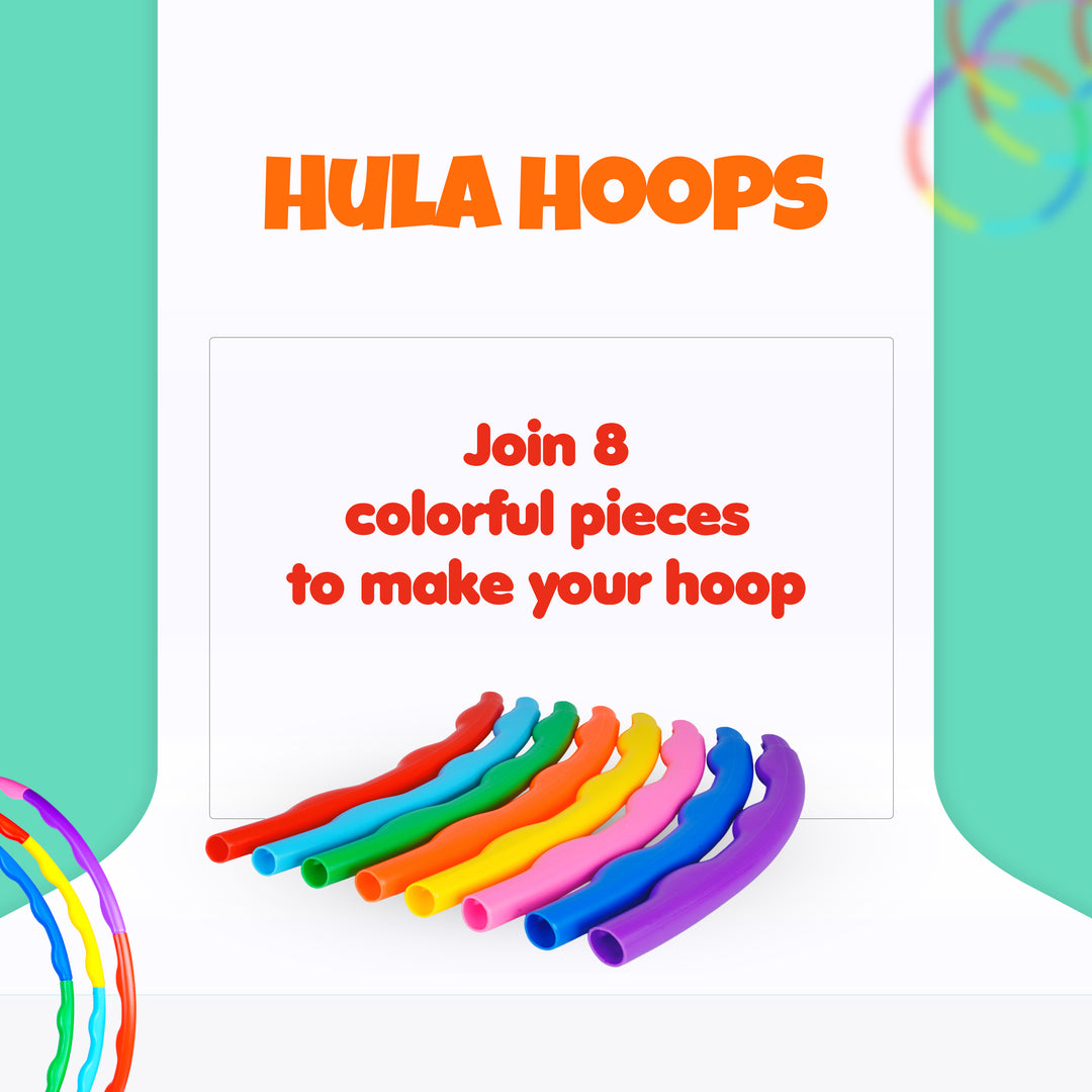 Colorful FLYI hula hoop pieces with text on a white background