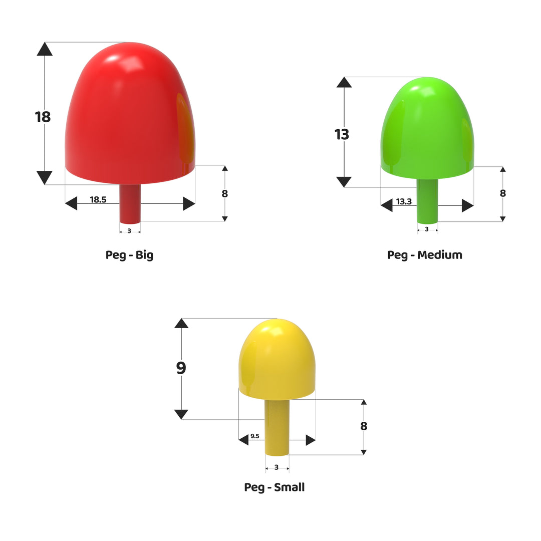 Three colored pegs with measurements on a white background