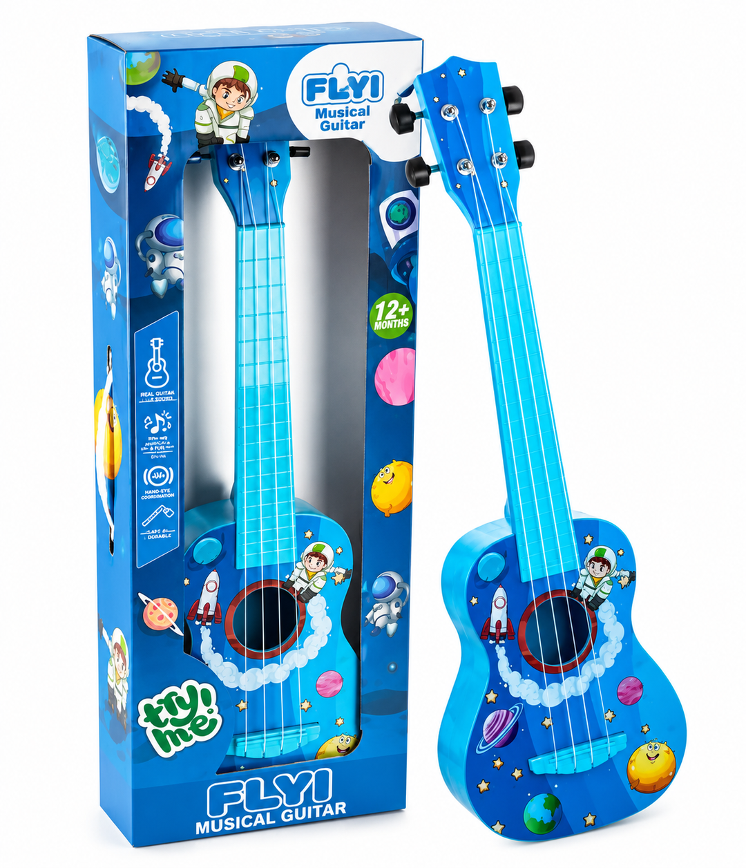 Blue toy musical guitar from FLYI, Coimbatore. With space-themed astronaut and planet graphics, shown next to its retail packaging box on a white background.