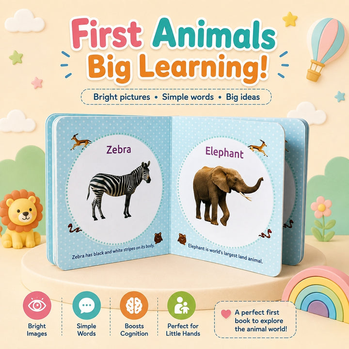 A children's educational book titled 'First Animals Big Learning!' shown open on a pastel background. The pages feature colorful animal illustrations, including a zebra and an elephant, with text describing them.