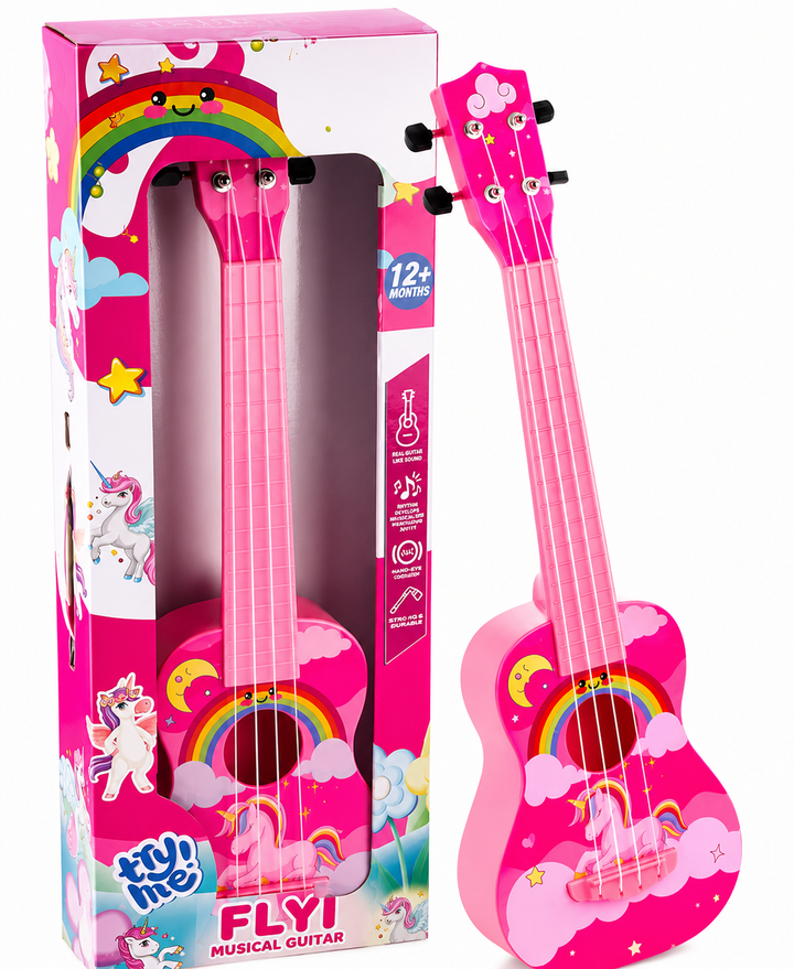 A pink toy musical guitar with unicorn and rainbow graphics, shown next to its retail packaging box on a white background.