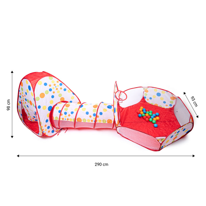 A children's pop-up play tunnel and ball pit set shown on a white background with dimension arrows and labels indicating 290 cm length, 98 cm height, and 80 cm width. The tunnel is white with multicolored polka dots and red trim, connected to a red ball pit filled with small colorful balls.