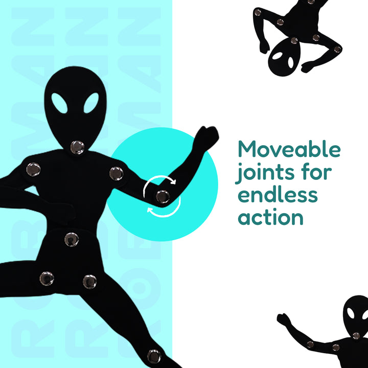 Black figure with moveable joints on a blue and white background
