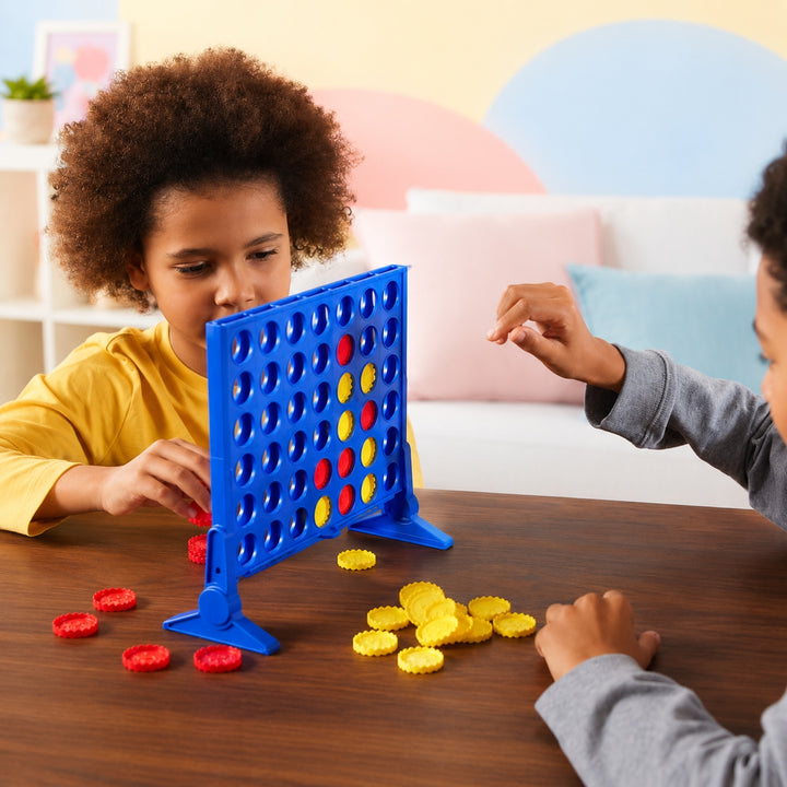 Two children playing a blue Connect-Five game on a wooden table in a brightly lit room. One child with curly hair in a yellow shirt is looking at the game board, while another child in a gray shirt reaches for yellow tokens.