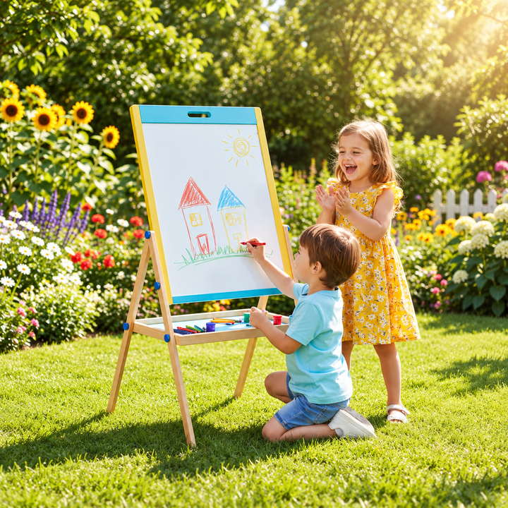 Wooden Easel Board for Kids – Magnetic Whiteboard & Chalkboard | FLYI