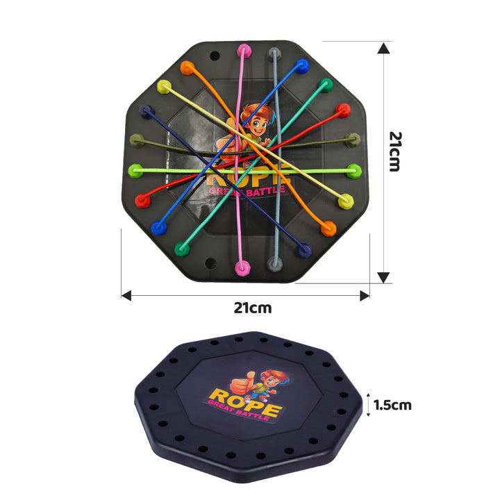 FLYI octagonal dartboard with colorful darts and 'Rope Battle' branding, showing dimensions on a white background.