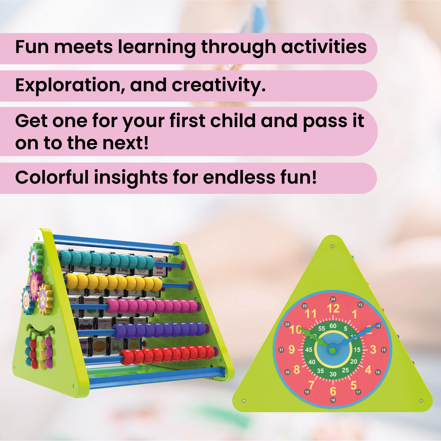 8-in-1 Wooden Activity Triangle Learning Toy | Learn Alphabets, Time & Movement with Abacus, Drawing Writing Board, Alphabet Blocks, Clock & Gears