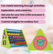 8-in-1 Wooden Activity Triangle Learning Toy | Learn Alphabets, Time & Movement with Abacus, Drawing Writing Board, Alphabet Blocks, Clock & Gears