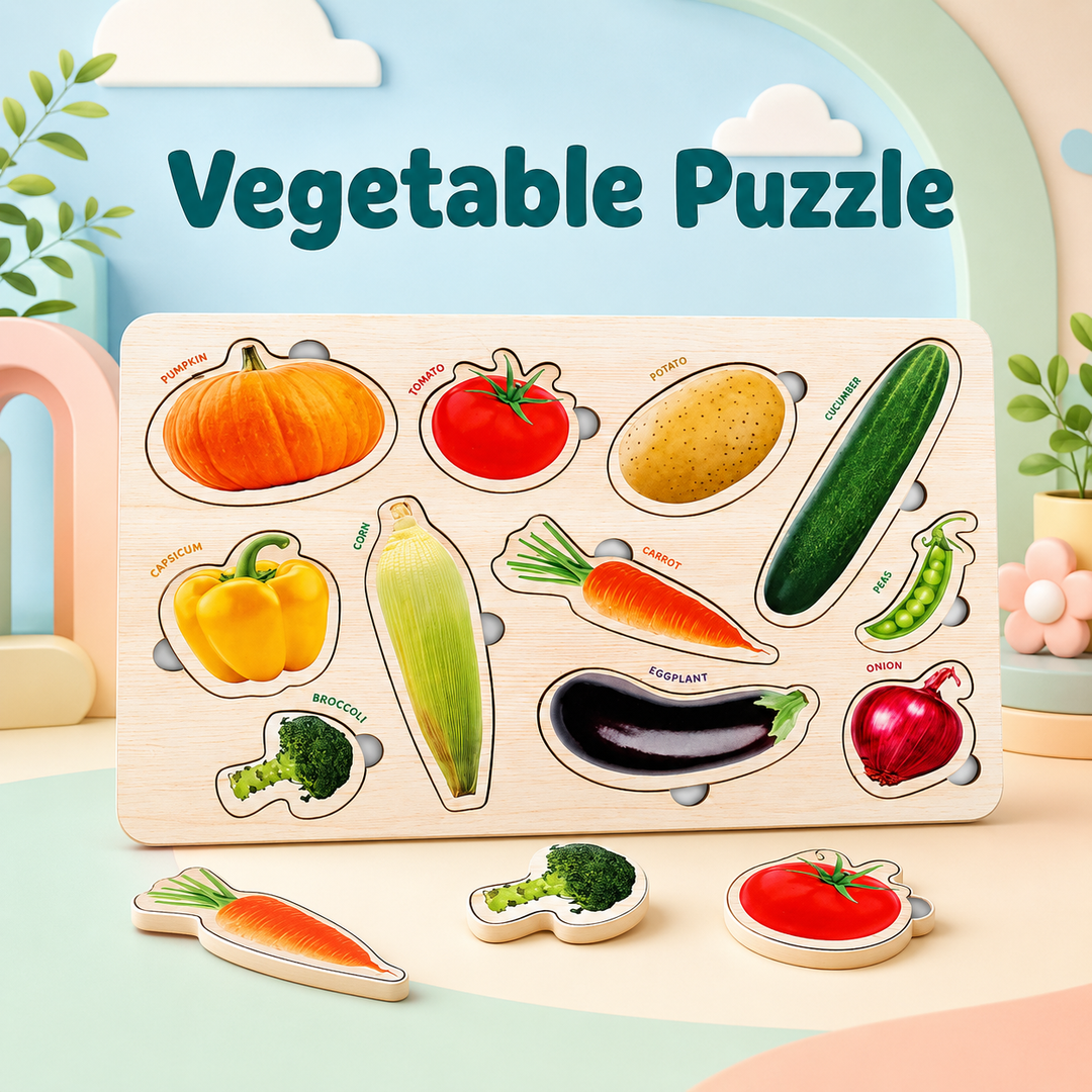 A wooden vegetable puzzle board with colorful cutout vegetable pieces, shown on a pastel studio background with the words 'Vegetable Puzzle' above it.