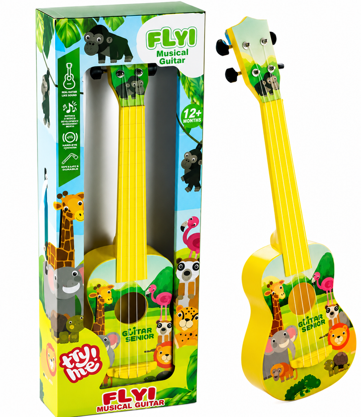 A FLYI's musical guitar toy shown next to its retail box. The guitar is bright yellow with colorful cartoon animal illustrations on the body and headstock, and the packaging features matching jungle-themed graphics and the brand name FLY! Musical Guitar.