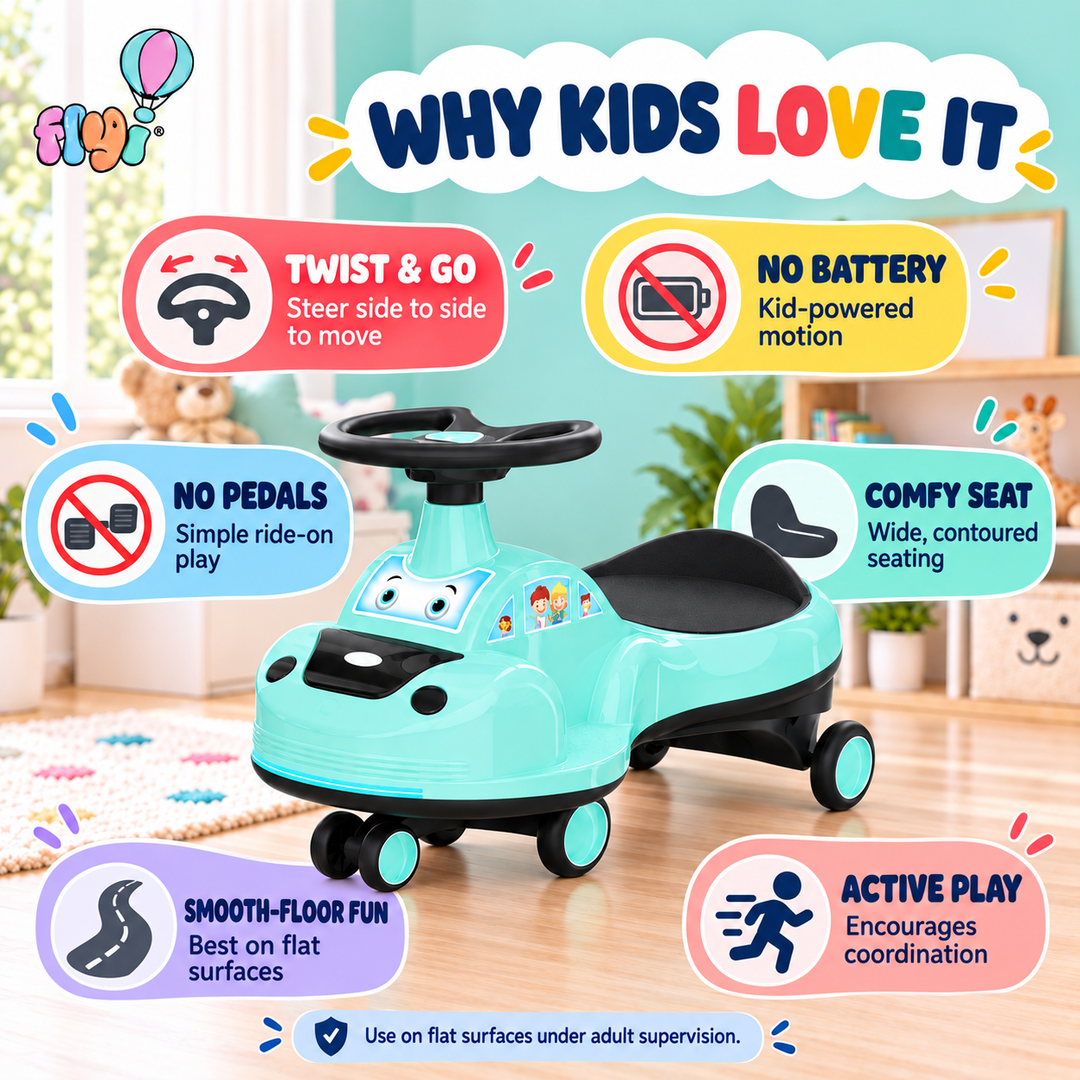 A light blue and black ride-on toy car with a steering wheel and wheels, shown on a colorful indoor floor with promotional text callouts around it. The text highlights features like twist & go steering, no battery-powered motion, no pedals, comfy seating, smooth-floor fun, and active play.