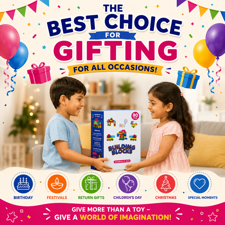 FLYI 80-piece inter locking building blocks suitable for kids aged 2 to 6.
