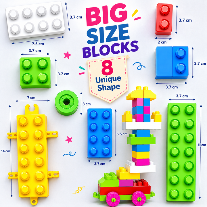 FLYI 80-Piece inter locking building blocks with multiple unique shapes and dimensions, arranged on a white background with text reading 'BIG SIZE BLOCKS' and '8 Unique Shape'.