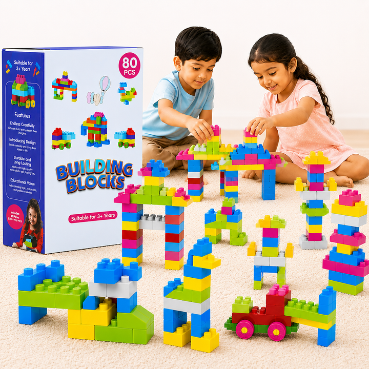 Child playing with FLYI 80-piece inter locking building blocks during a hands-on activity.