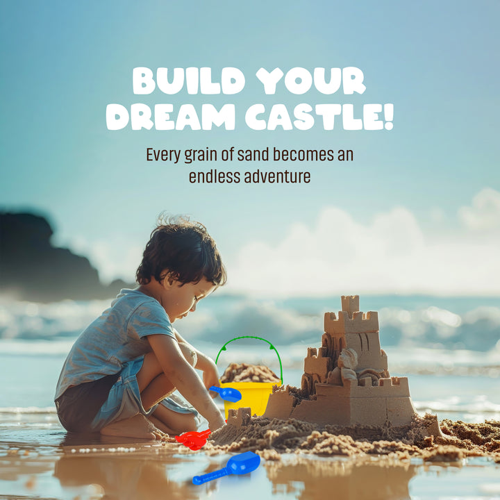 Kids using FLYI beach play set with sand toys bucket and molds for creative play.