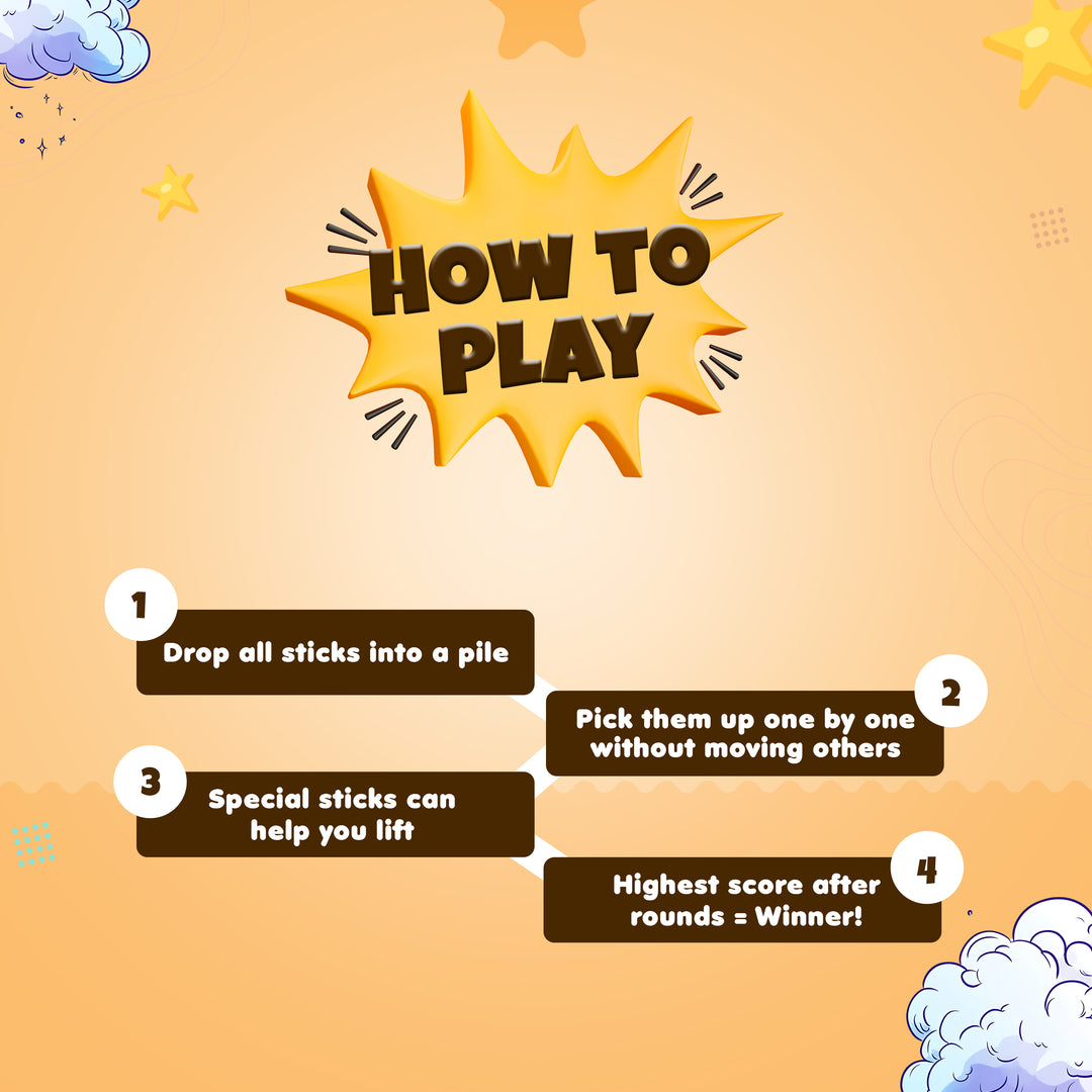 Instructions from FLYI on how to play a game with sticks on a yellow background