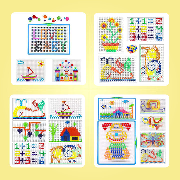 Four white square panels showing completed colorful cross-stitch designs on a pale yellow background. The designs include a 'LOVE BABY' sign, flowers, numbers, a seahorse, a whale, a house, a dog, and other playful stitched motifs.