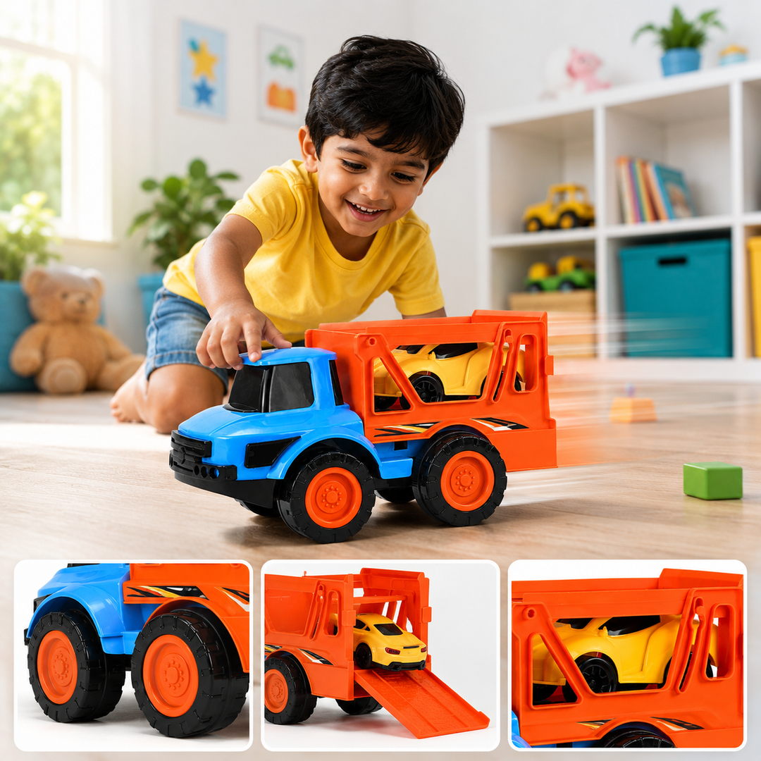 A young boy in a yellow shirt plays with a rambo trailer-friction powered Car Carrier Truck kids toys from FLYI Toys, toy manufacturers in coimbatore, offering quality toys for fun, learning and creative play.
