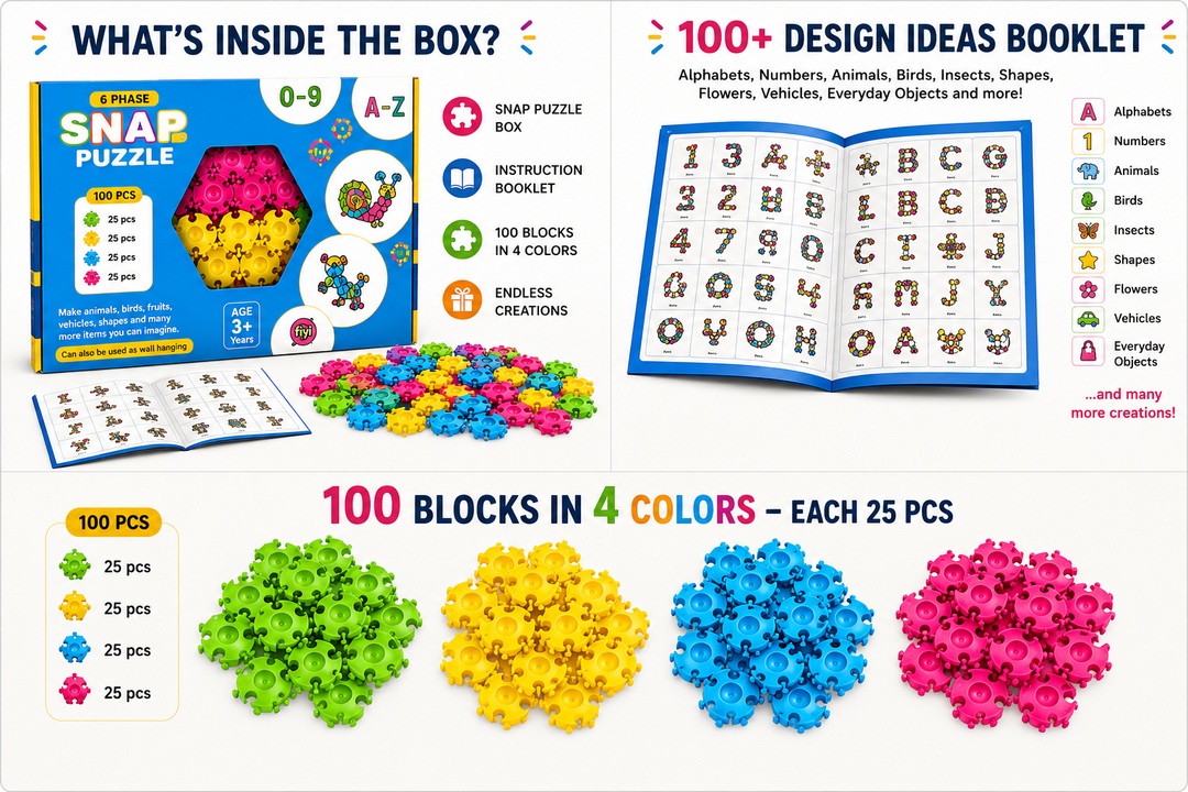 A product information graphic for a 6-phase Snap Puzzle toy set. The layout features the blue and yellow retail box, an instruction booklet, sample assembled puzzles, and four piles of the colorful interlocking plastic blocks in green, yellow, blue, and pink.