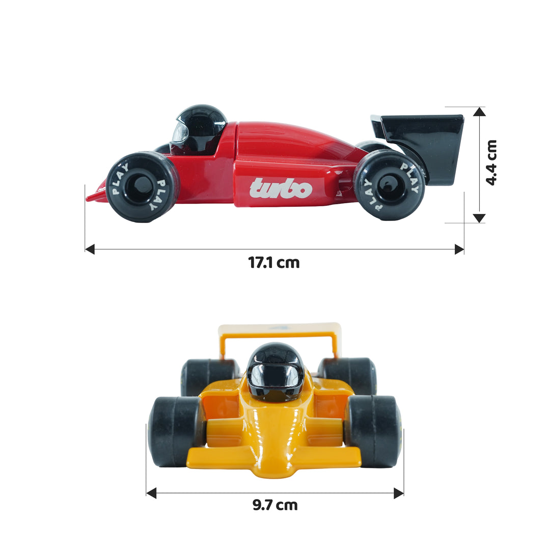 Two toy race cars, one red and one yellow, with measurements indicated on a white background.
