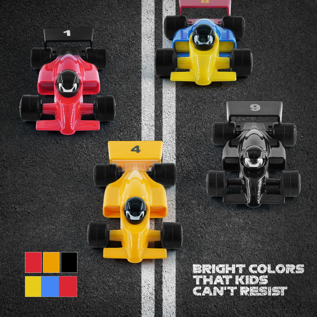 FLYI colorful toy race cars on a track with text 'Bright colors that kids can't resist'.