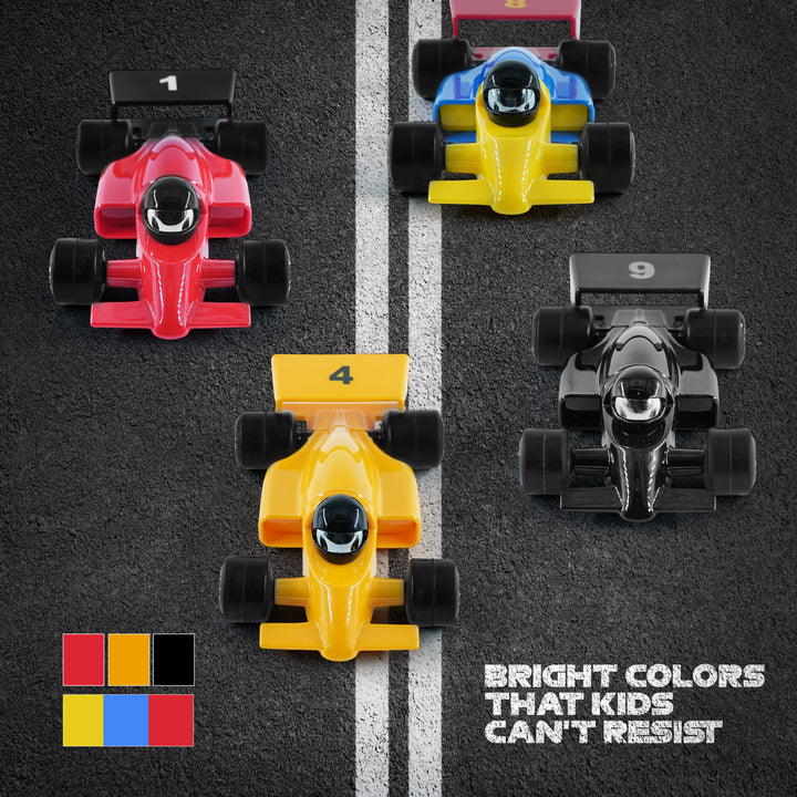 Four toy race car figures in red, blue-and-yellow, yellow, and black are arranged on a dark asphalt-like surface with a white center line. The cars are shown from above, with color swatches in the lower left and text reading 'BRIGHT COLORS THAT KIDS CAN'T RESIST.