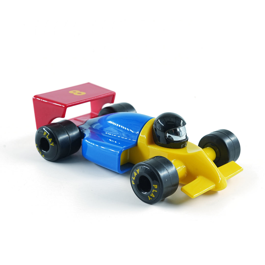 FLYI toy race car with a red stand on a white background