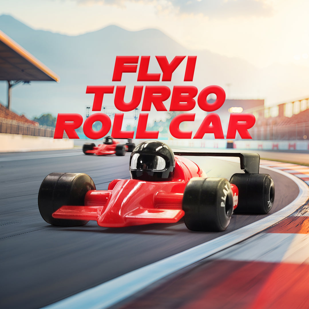 Red toy car on a race track with 'FLYI TURBO ROLL CAR' text in the foreground.
