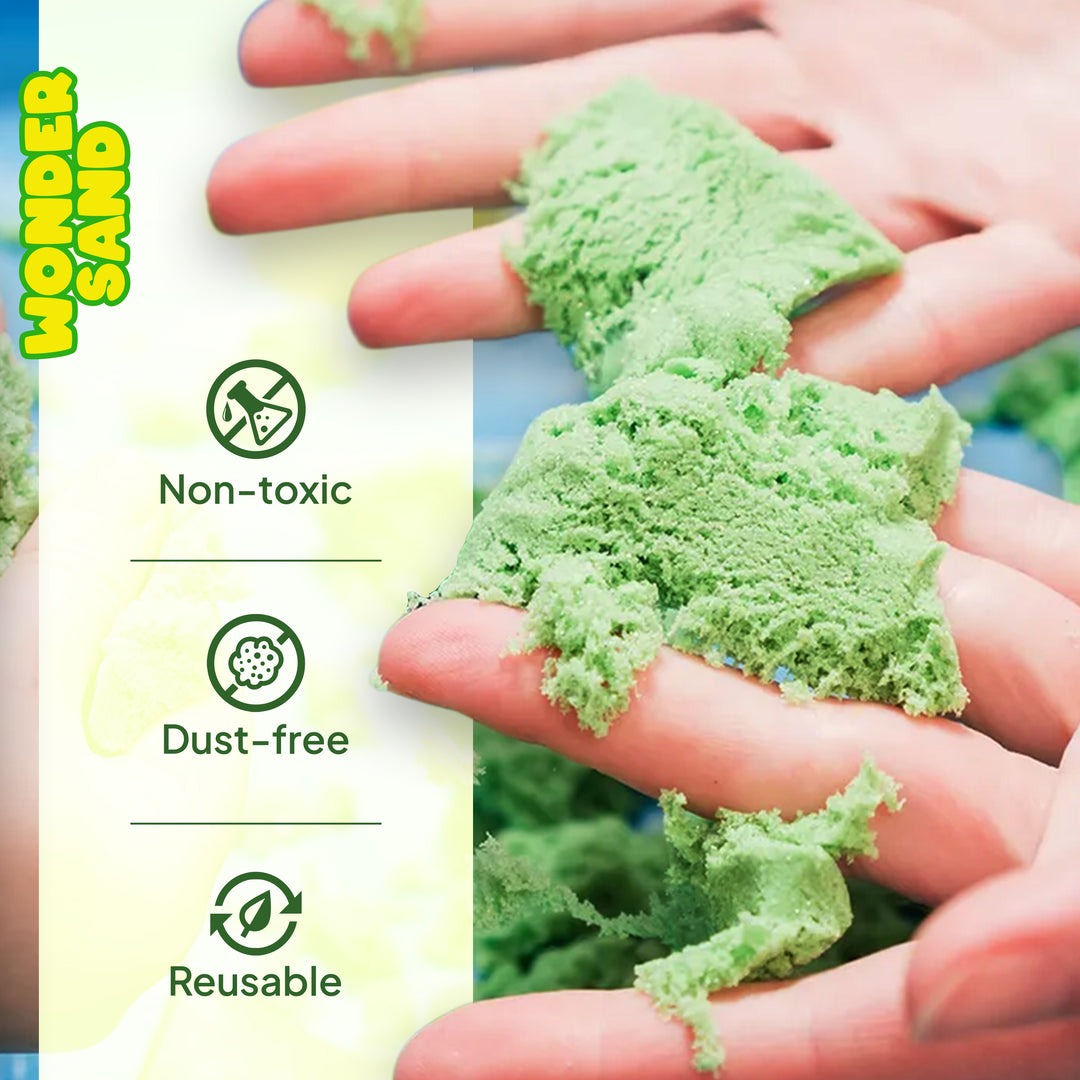 FLYI green wonder sand held in hands with product features listed on the left.