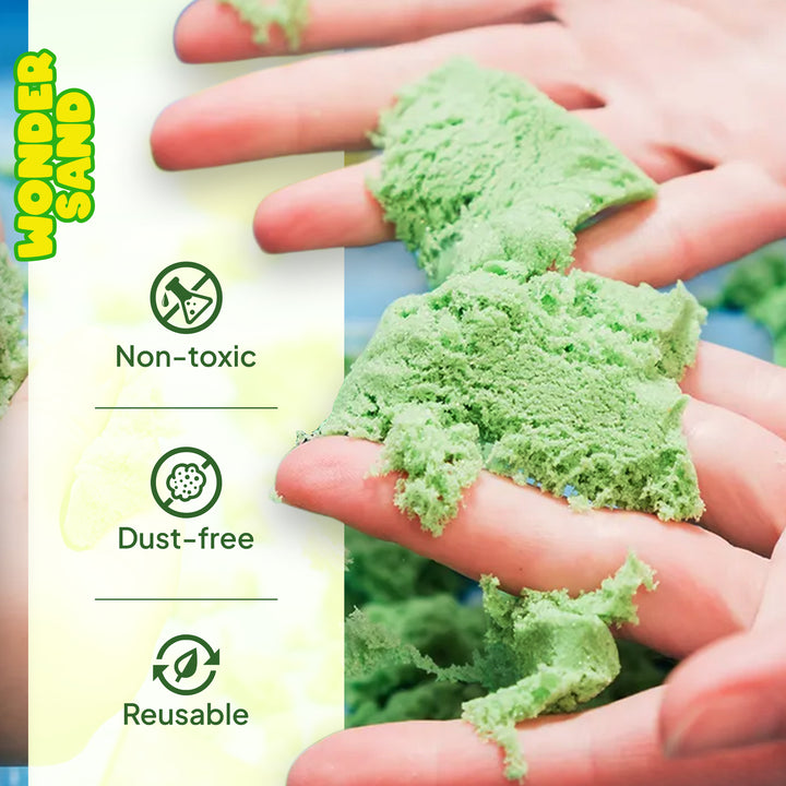 FLYI green wonder sand held in hands with product features listed on the left.